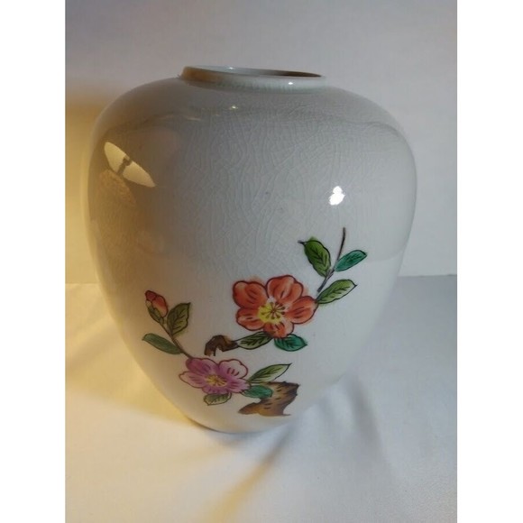 Vintage Bird Floral Vase Round Multi Color Japan Crazing Ceramic Handpainted - Picture 4 of 11